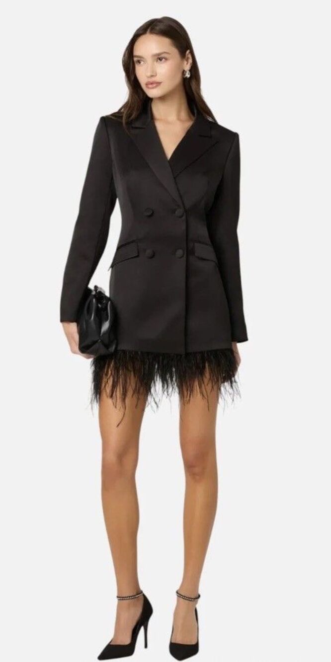 ASTR Breonna Feather trim Black Satin Blazer Dress SIze L Short